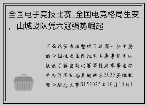全国电子竞技比赛_全国电竞格局生变，山城战队凭六冠强势崛起